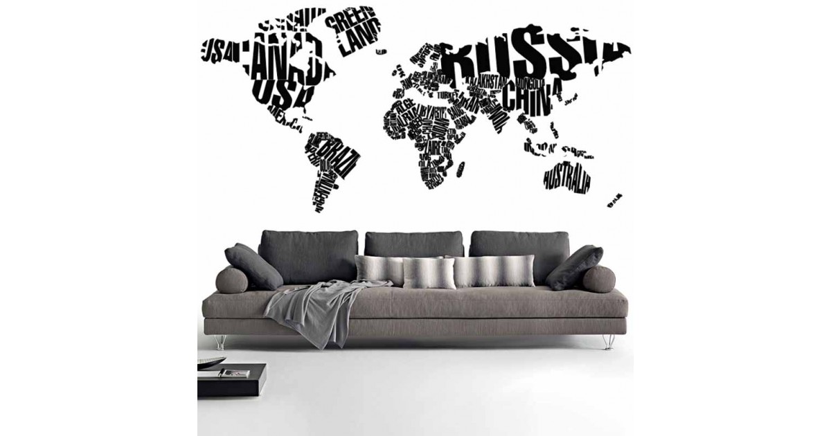 Adesivi Murali Mappa del Mondo tipografico nero piccolo